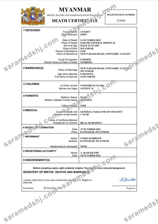 Myanmar death certificate Word and PDF template